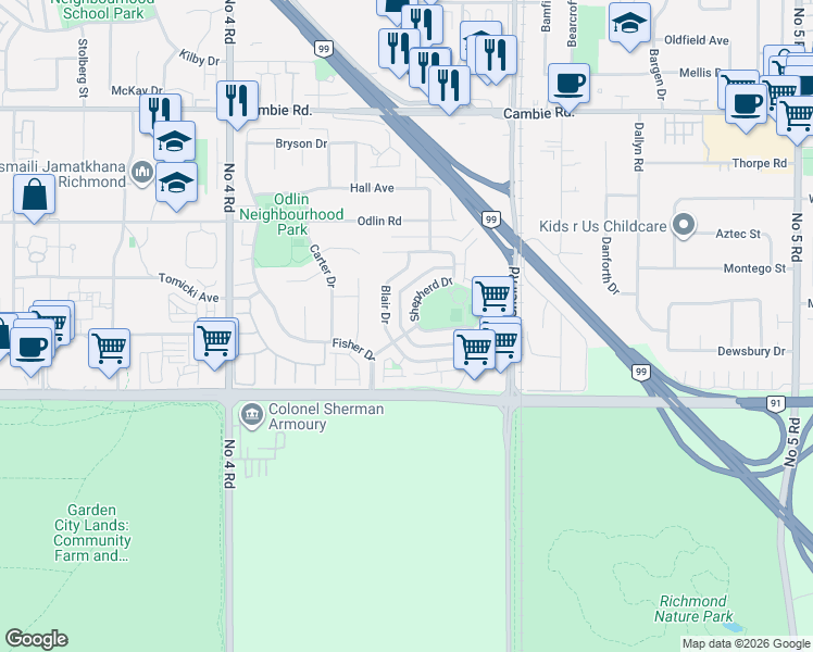 map of restaurants, bars, coffee shops, grocery stores, and more near 10491 Howard Street in Richmond