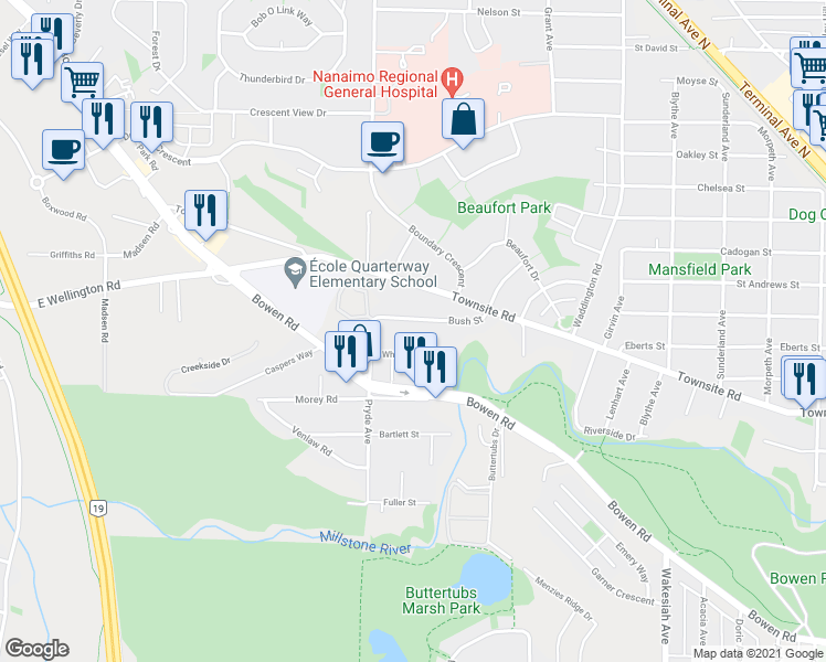 map of restaurants, bars, coffee shops, grocery stores, and more near 1431 Bush Street in Nanaimo