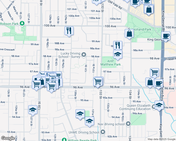 map of restaurants, bars, coffee shops, grocery stores, and more near 9704 131 Street in Surrey