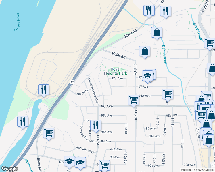 map of restaurants, bars, coffee shops, grocery stores, and more near 9701 Crown Crescent in Surrey