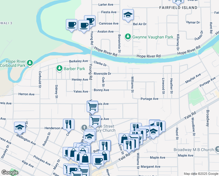 map of restaurants, bars, coffee shops, grocery stores, and more near 46067 Bonny Avenue in Chilliwack