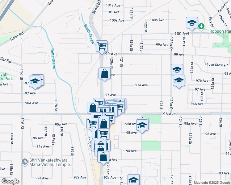 map of restaurants, bars, coffee shops, grocery stores, and more near 12069 97 Avenue in Surrey