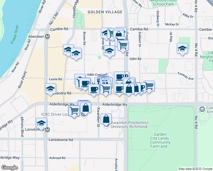 map of restaurants, bars, coffee shops, grocery stores, and more near 8640 Leslie Road in Richmond
