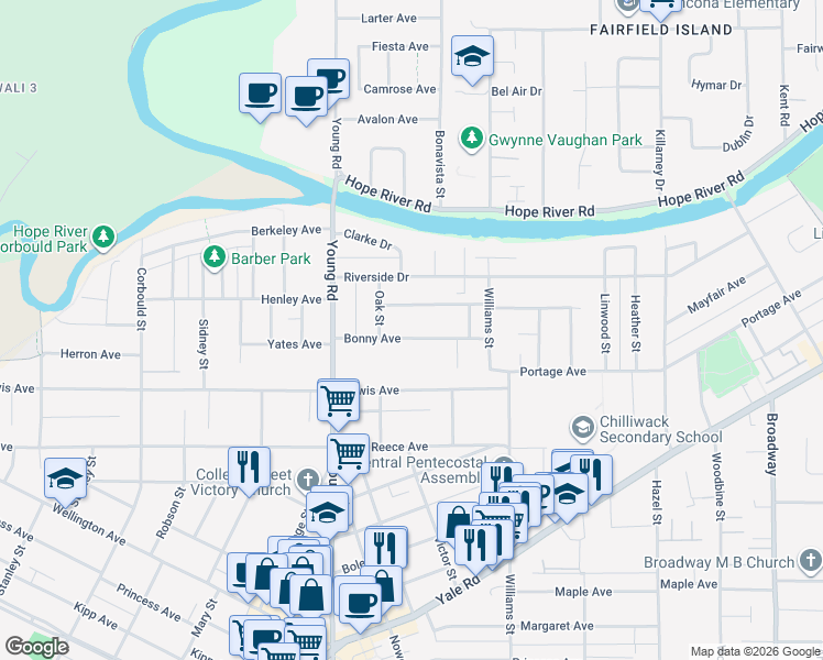 map of restaurants, bars, coffee shops, grocery stores, and more near 46077 Bonny Avenue in Chilliwack