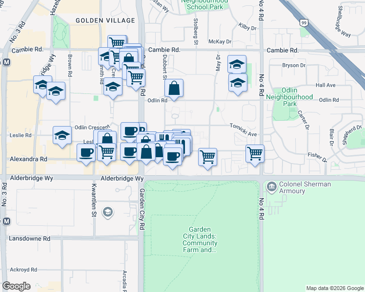 map of restaurants, bars, coffee shops, grocery stores, and more near 9251 Alexandra Road in Richmond