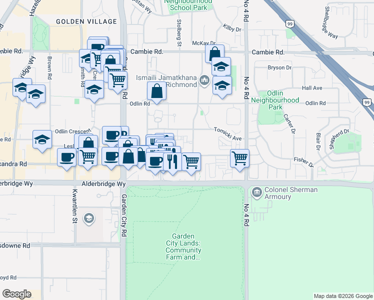 map of restaurants, bars, coffee shops, grocery stores, and more near 9399 Alexandra Road in Richmond
