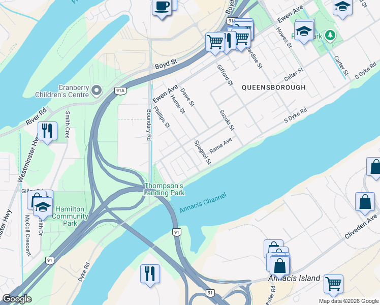map of restaurants, bars, coffee shops, grocery stores, and more near 183 Phillips Street in New Westminster