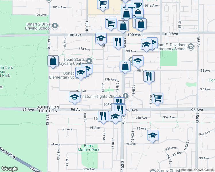 map of restaurants, bars, coffee shops, grocery stores, and more near 9751 151A Street in Surrey