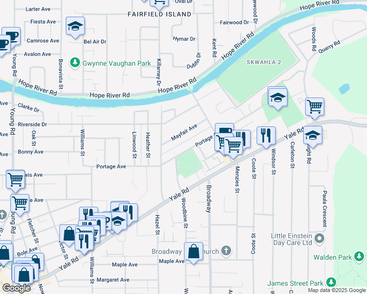 map of restaurants, bars, coffee shops, grocery stores, and more near 46515 Portage Avenue in Chilliwack
