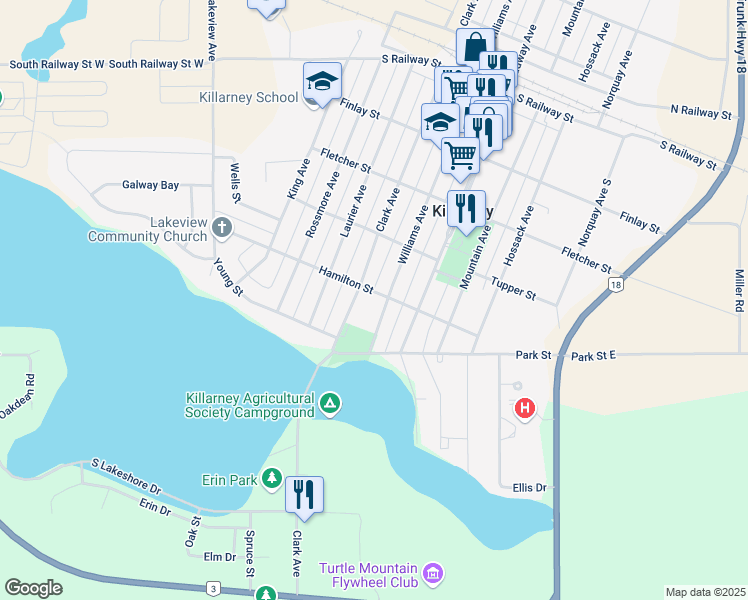 map of restaurants, bars, coffee shops, grocery stores, and more near 203 Hamilton Street in Killarney