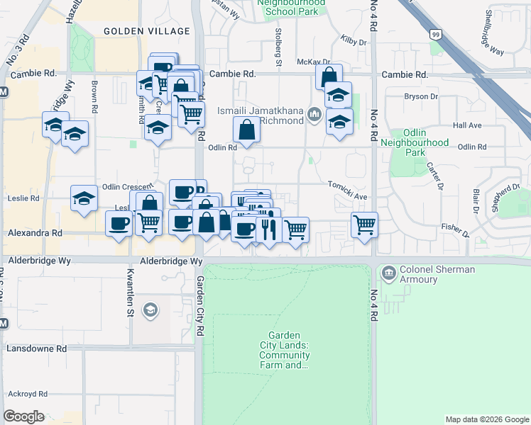 map of restaurants, bars, coffee shops, grocery stores, and more near 9311 Alexandra Road in Richmond