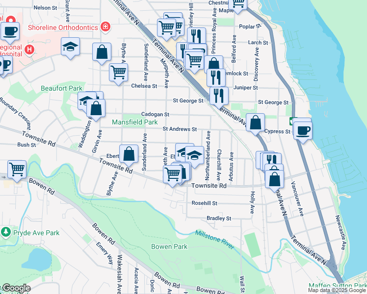map of restaurants, bars, coffee shops, grocery stores, and more near 727 Millstone Avenue in Nanaimo