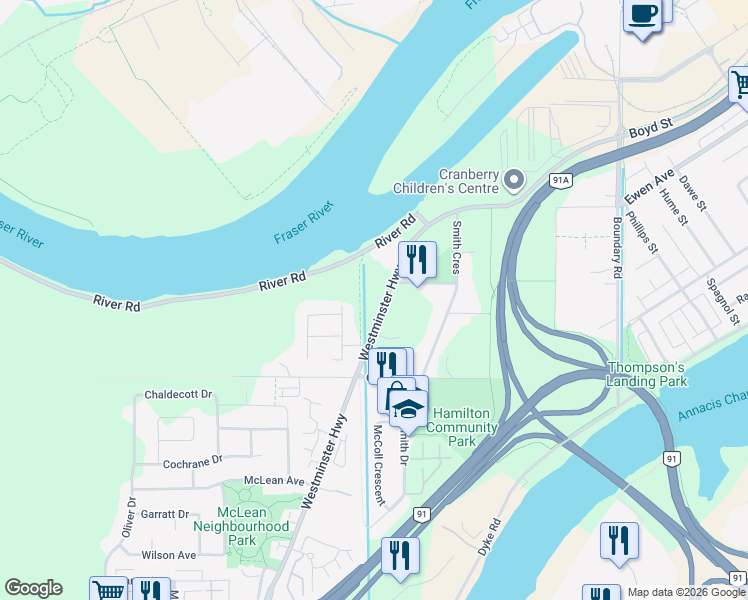 map of restaurants, bars, coffee shops, grocery stores, and more near 23091 Westminster Highway in Richmond