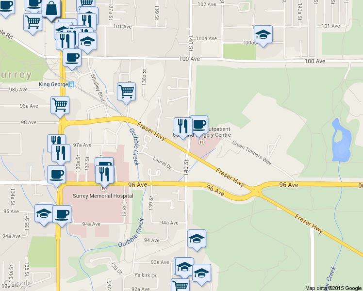map of restaurants, bars, coffee shops, grocery stores, and more near in Surrey