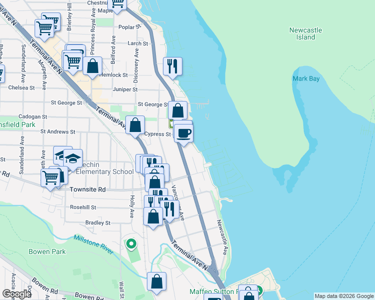 map of restaurants, bars, coffee shops, grocery stores, and more near 566 Stewart Avenue in Nanaimo