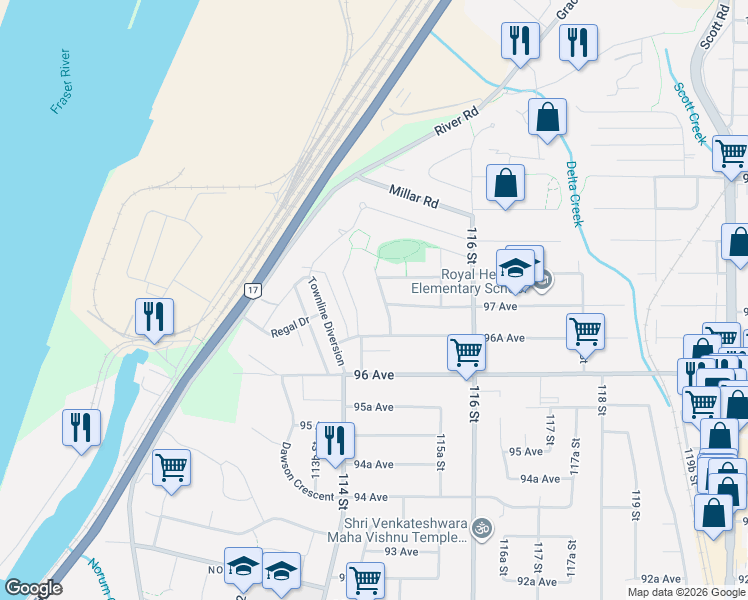 map of restaurants, bars, coffee shops, grocery stores, and more near 9709 Crown Crescent in Surrey