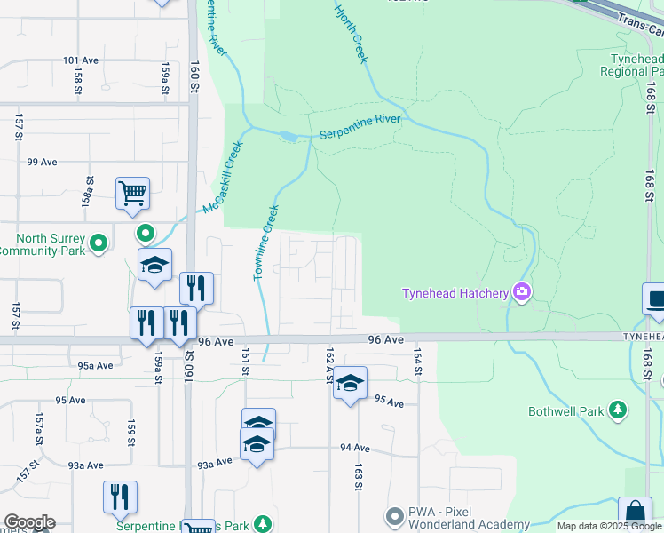 map of restaurants, bars, coffee shops, grocery stores, and more near 9725 162A Street in Surrey