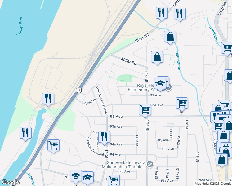 map of restaurants, bars, coffee shops, grocery stores, and more near 9709 Crown Crescent in Surrey