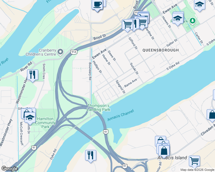 map of restaurants, bars, coffee shops, grocery stores, and more near 1404 Salter Street in New Westminster