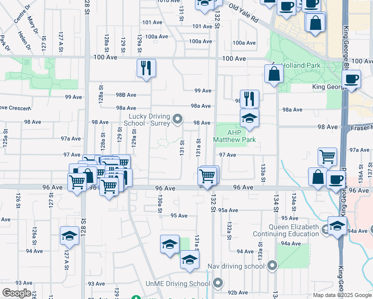 map of restaurants, bars, coffee shops, grocery stores, and more near 9714 131 Street in Surrey