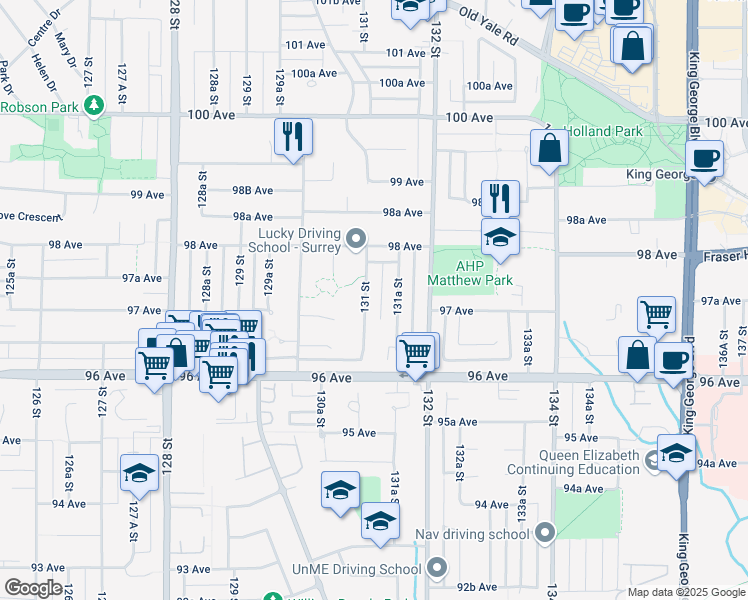 map of restaurants, bars, coffee shops, grocery stores, and more near 9714 131 Street in Surrey