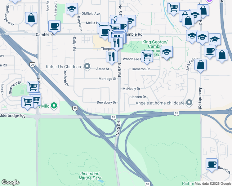 map of restaurants, bars, coffee shops, grocery stores, and more near 4640 Number 5 Road in Richmond