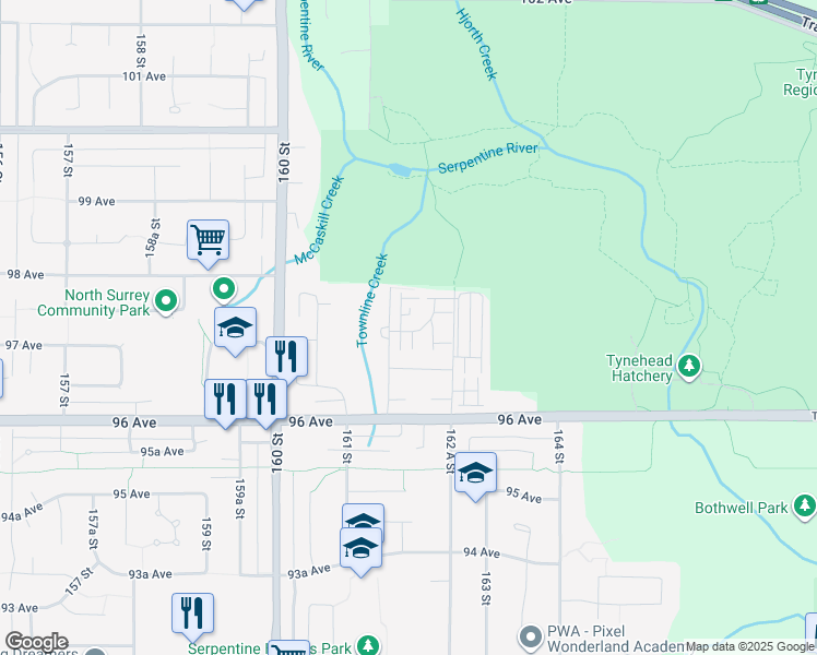 map of restaurants, bars, coffee shops, grocery stores, and more near 9718 161A Street in Surrey