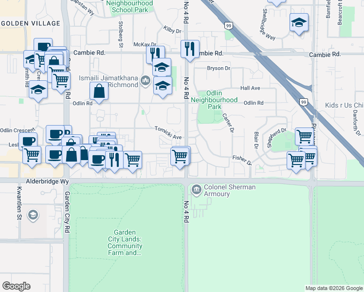 map of restaurants, bars, coffee shops, grocery stores, and more near 9566 Tomicki Avenue in Richmond