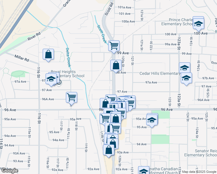 map of restaurants, bars, coffee shops, grocery stores, and more near 11971 97 Avenue in Surrey