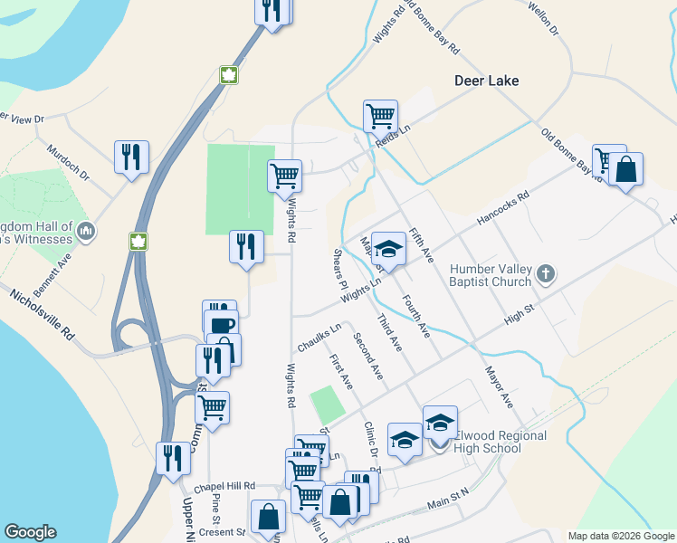 map of restaurants, bars, coffee shops, grocery stores, and more near 2 Shears Place in Deer Lake