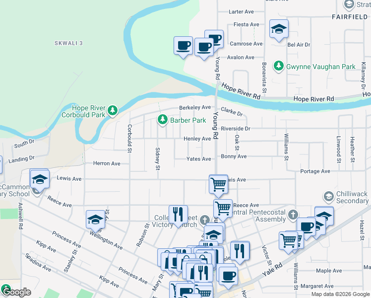 map of restaurants, bars, coffee shops, grocery stores, and more near 9759 George Street in Chilliwack