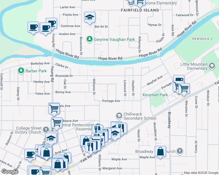 map of restaurants, bars, coffee shops, grocery stores, and more near 9742 Juniper Street in Chilliwack