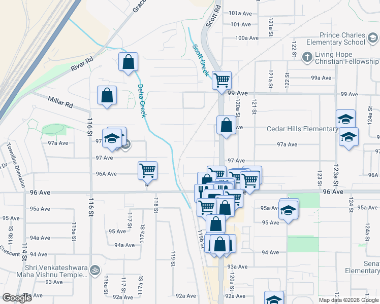 map of restaurants, bars, coffee shops, grocery stores, and more near 11903 97 Avenue in Surrey