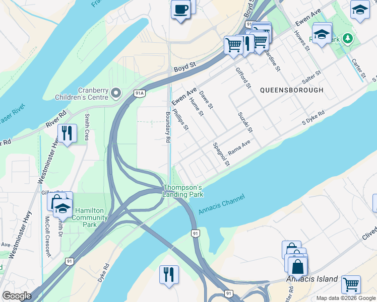 map of restaurants, bars, coffee shops, grocery stores, and more near 1411 Salter Street in New Westminster