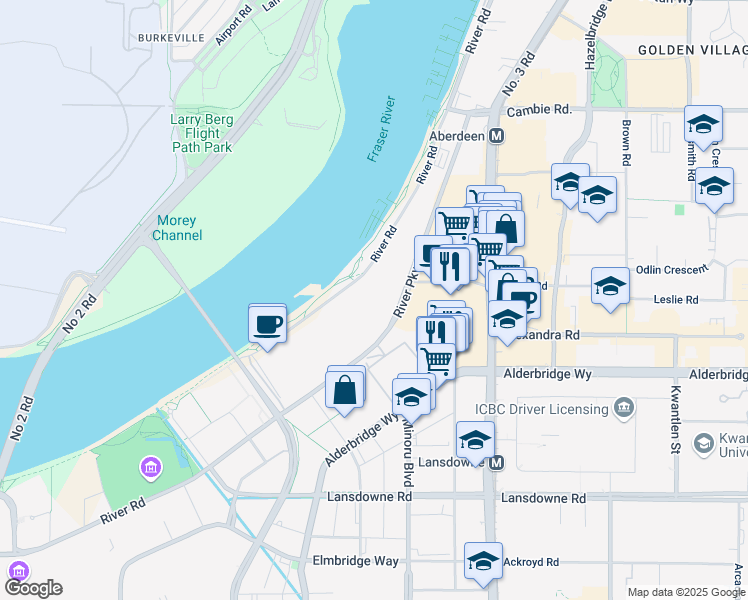 map of restaurants, bars, coffee shops, grocery stores, and more near 7360 River Road in Richmond