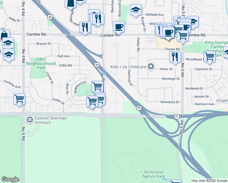 map of restaurants, bars, coffee shops, grocery stores, and more near 4671 Vanguard Road in Richmond
