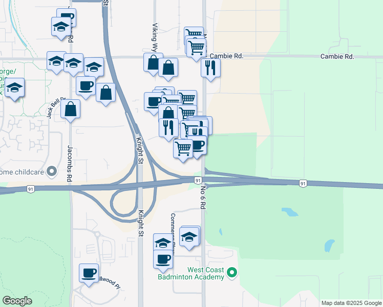 map of restaurants, bars, coffee shops, grocery stores, and more near 13980 Maycrest Way in Richmond