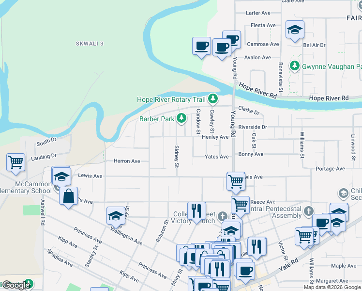 map of restaurants, bars, coffee shops, grocery stores, and more near 9756 Sidney Street in Chilliwack