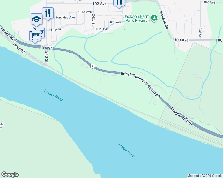 map of restaurants, bars, coffee shops, grocery stores, and more near 24190-24330 River Rd in Maple Ridge