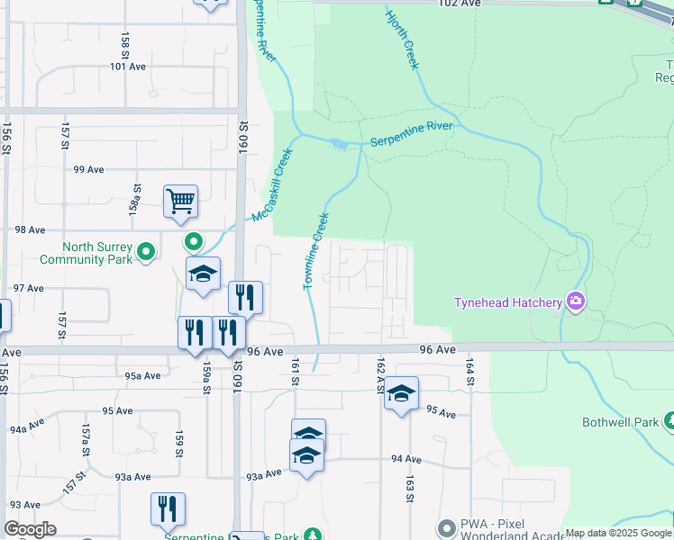 map of restaurants, bars, coffee shops, grocery stores, and more near in Surrey