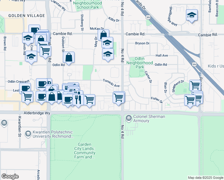map of restaurants, bars, coffee shops, grocery stores, and more near in Richmond