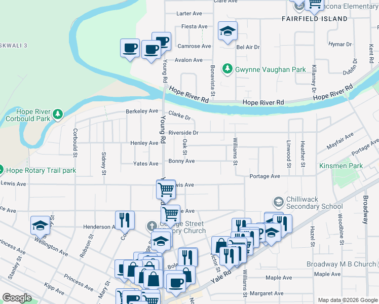 map of restaurants, bars, coffee shops, grocery stores, and more near 9754 Oak Street in Chilliwack