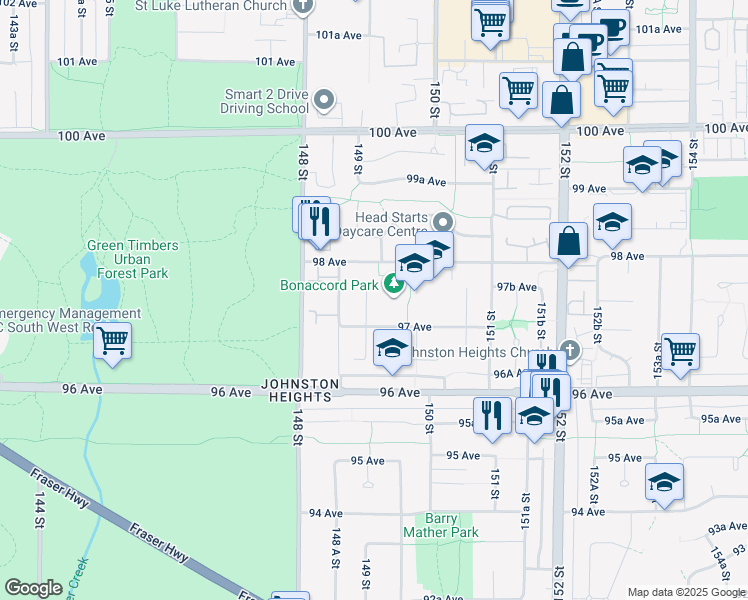 map of restaurants, bars, coffee shops, grocery stores, and more near 9742 149 Street in Surrey
