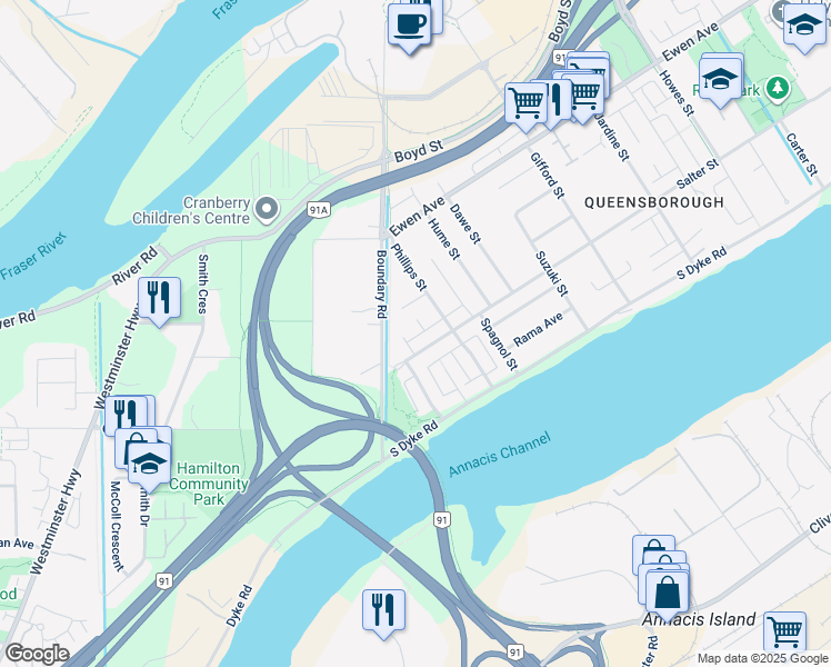 map of restaurants, bars, coffee shops, grocery stores, and more near 215 Mabel street in New Westminster