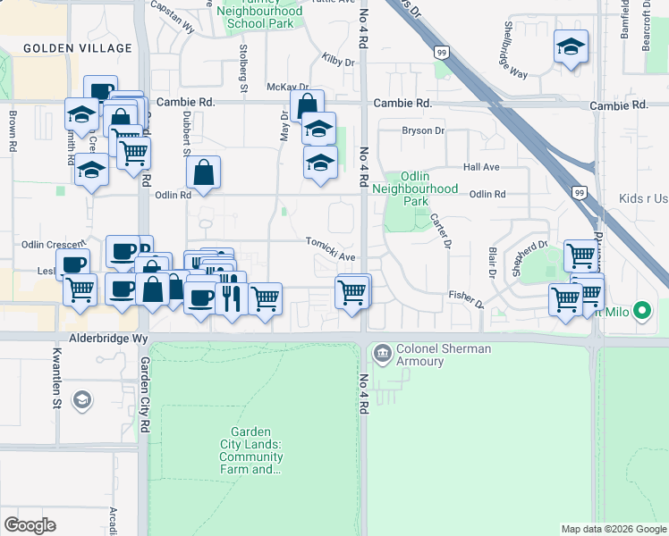 map of restaurants, bars, coffee shops, grocery stores, and more near 9566 Tomicki Avenue in Richmond