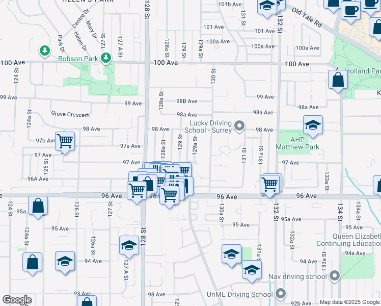 map of restaurants, bars, coffee shops, grocery stores, and more near 9727 129A Street in Surrey