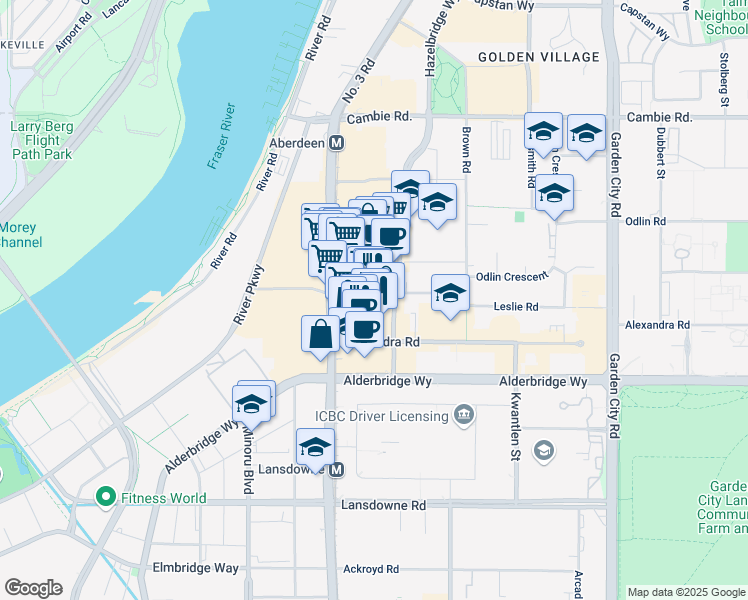 map of restaurants, bars, coffee shops, grocery stores, and more near 8080 Leslie Road in Richmond
