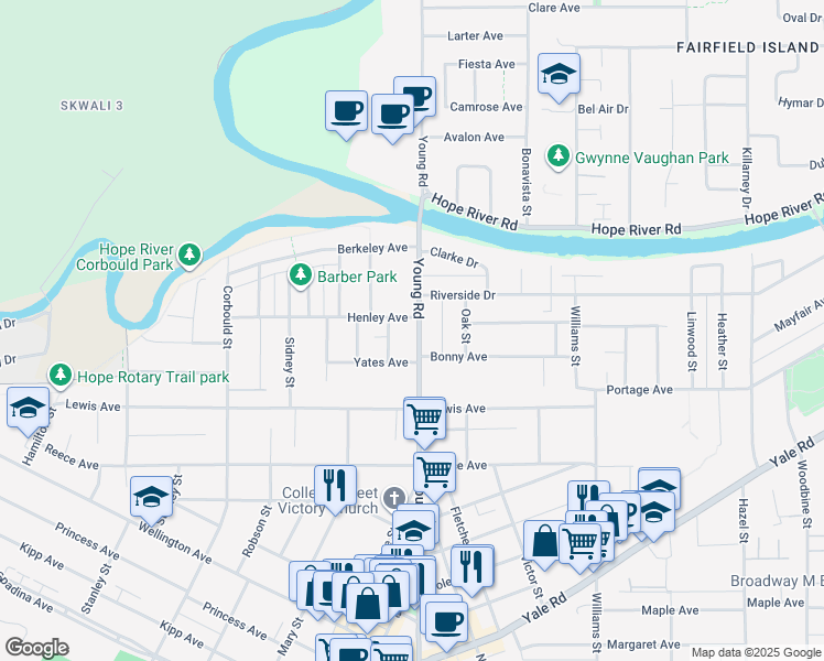 map of restaurants, bars, coffee shops, grocery stores, and more near 9763 Young Road in Chilliwack