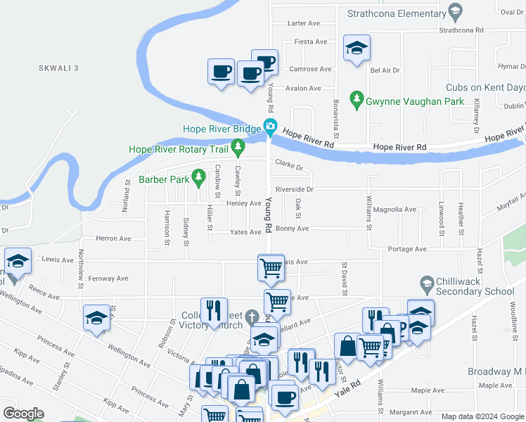 map of restaurants, bars, coffee shops, grocery stores, and more near 9763 Young Road in Chilliwack