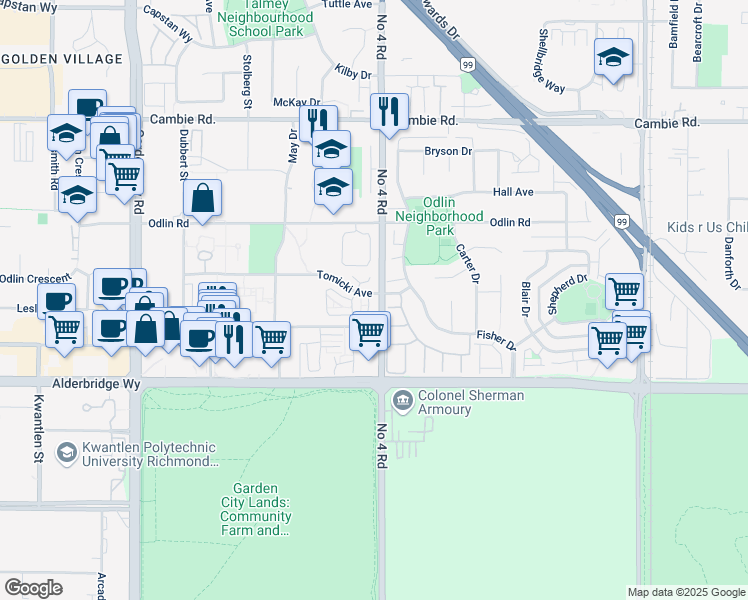 map of restaurants, bars, coffee shops, grocery stores, and more near 9566 Tomicki Avenue in Richmond